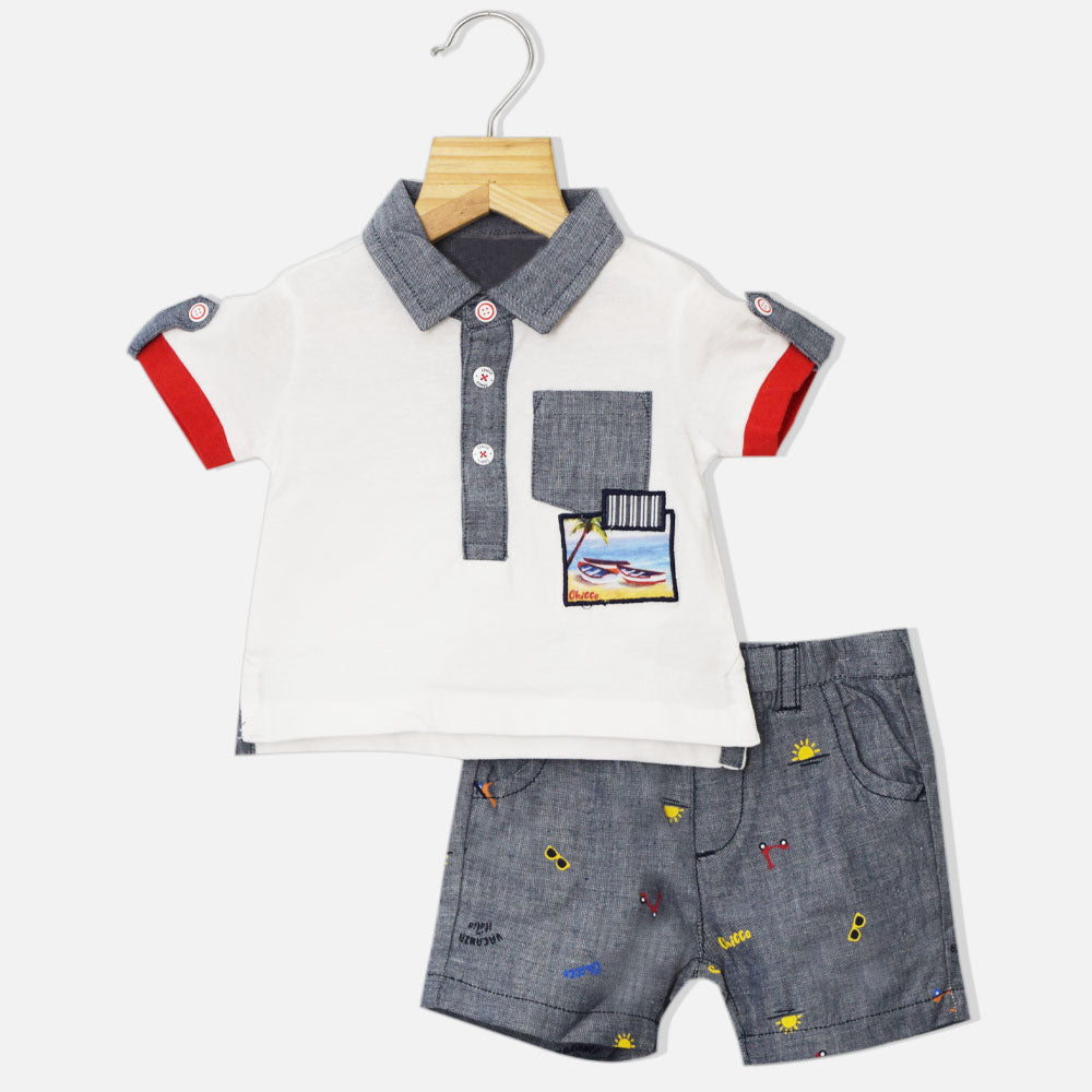 White Patch Pocket Polo T-Shirt With Blue Shorts
