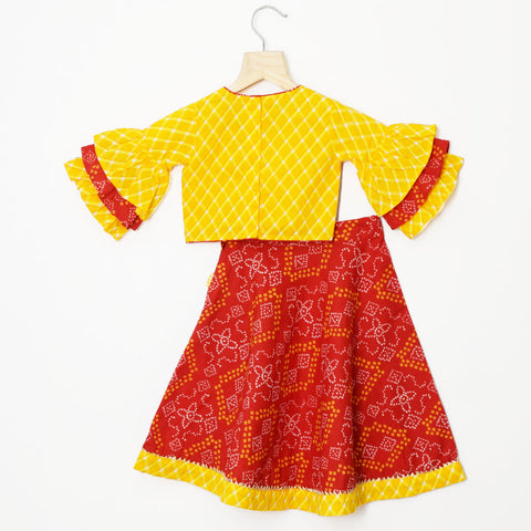 Yellow Leheriya Layered Sleeves Choli With Red Cotton Bandhani Gaghra & Crush Dupatta