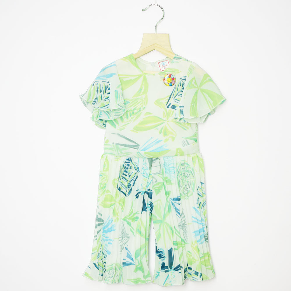 Green & Yellow Pleated Georgette Jumpsuit