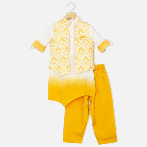 Ombre Kurta With Pajama & Emnroidered Nehru Jacket- Purple & Yellow