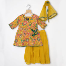 Load image into Gallery viewer, Yellow Floral Embroidered Angrakha Kurta With Flare Palazzo &amp; Net Dupatta
