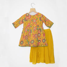 Load image into Gallery viewer, Yellow Floral Embroidered Angrakha Kurta With Flare Palazzo &amp; Net Dupatta
