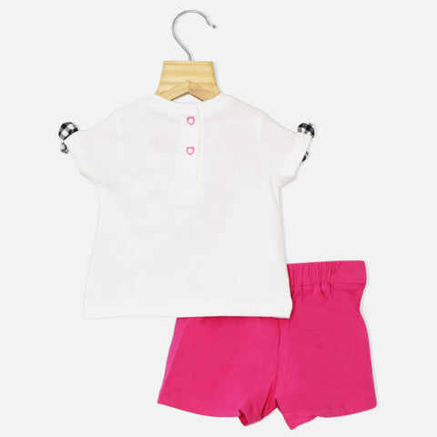 White Heart Printed Top With Pink Shorts