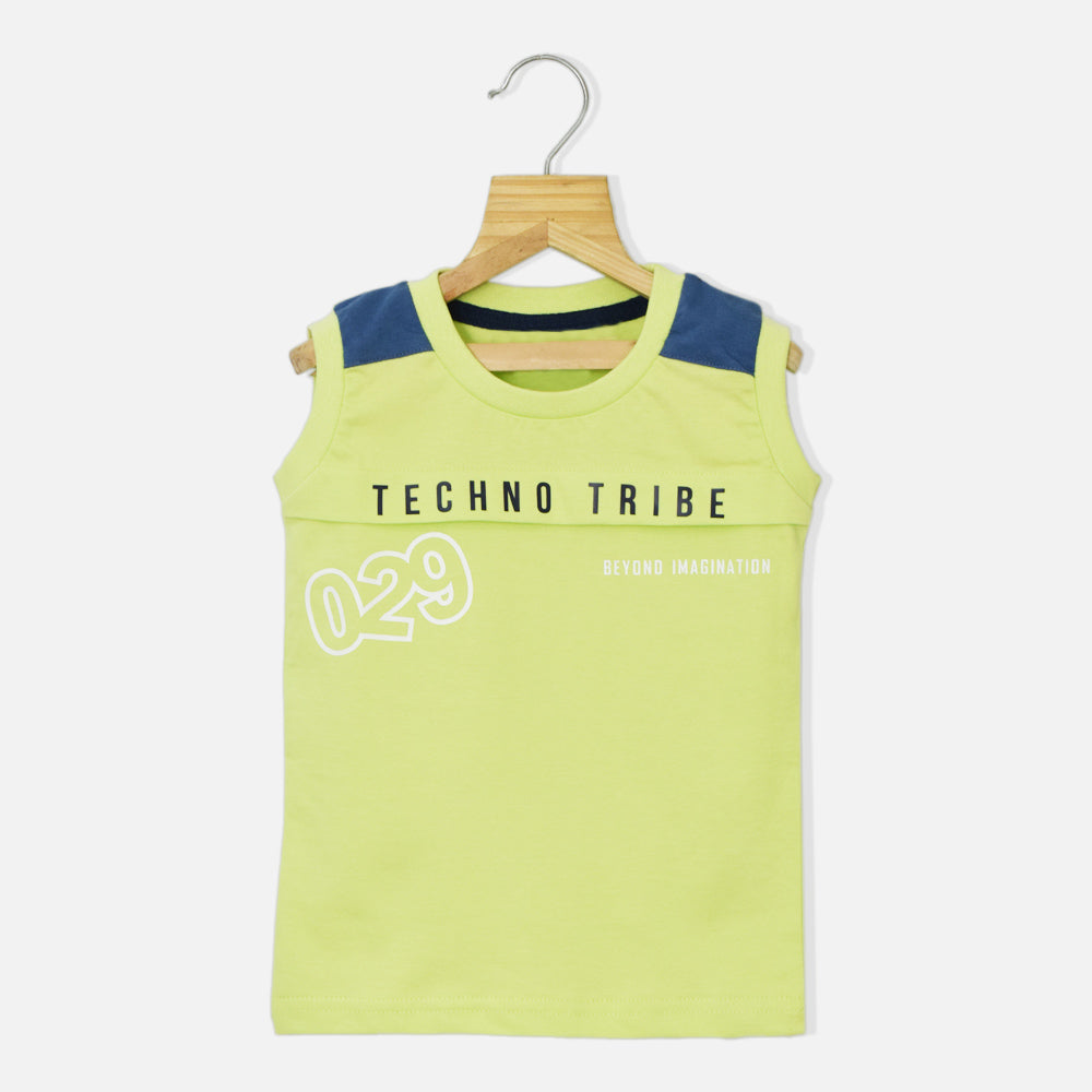 Pastel Green Typographic Printed Sleeveless T-Shirt