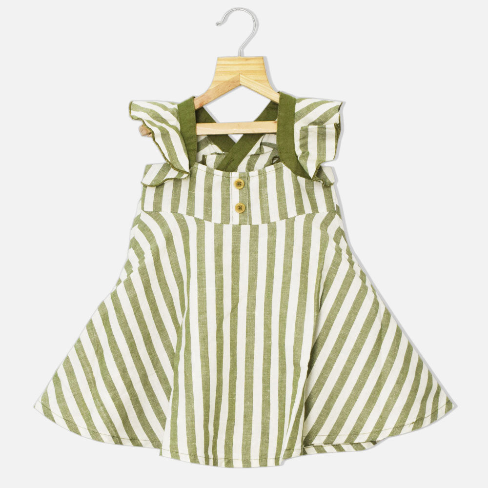 Green Striped Cross Back Cotton Dress