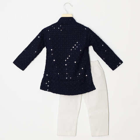 Navy Blue Mirror With Thread Embroidered Kurta With White Pajama