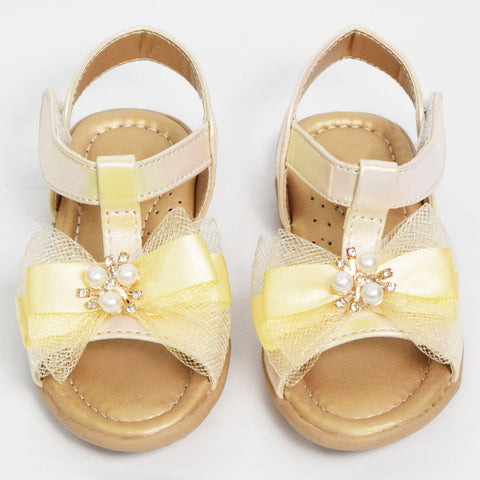 Bow Embellished With Velcro Strap Closure Flat Sandals- Silver & Golden