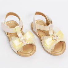 Load image into Gallery viewer, Bow Embellished With Velcro Strap Closure Flat Sandals- Silver &amp; Golden
