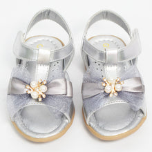 Load image into Gallery viewer, Bow Embellished With Velcro Strap Closure Flat Sandals- Silver &amp; Golden
