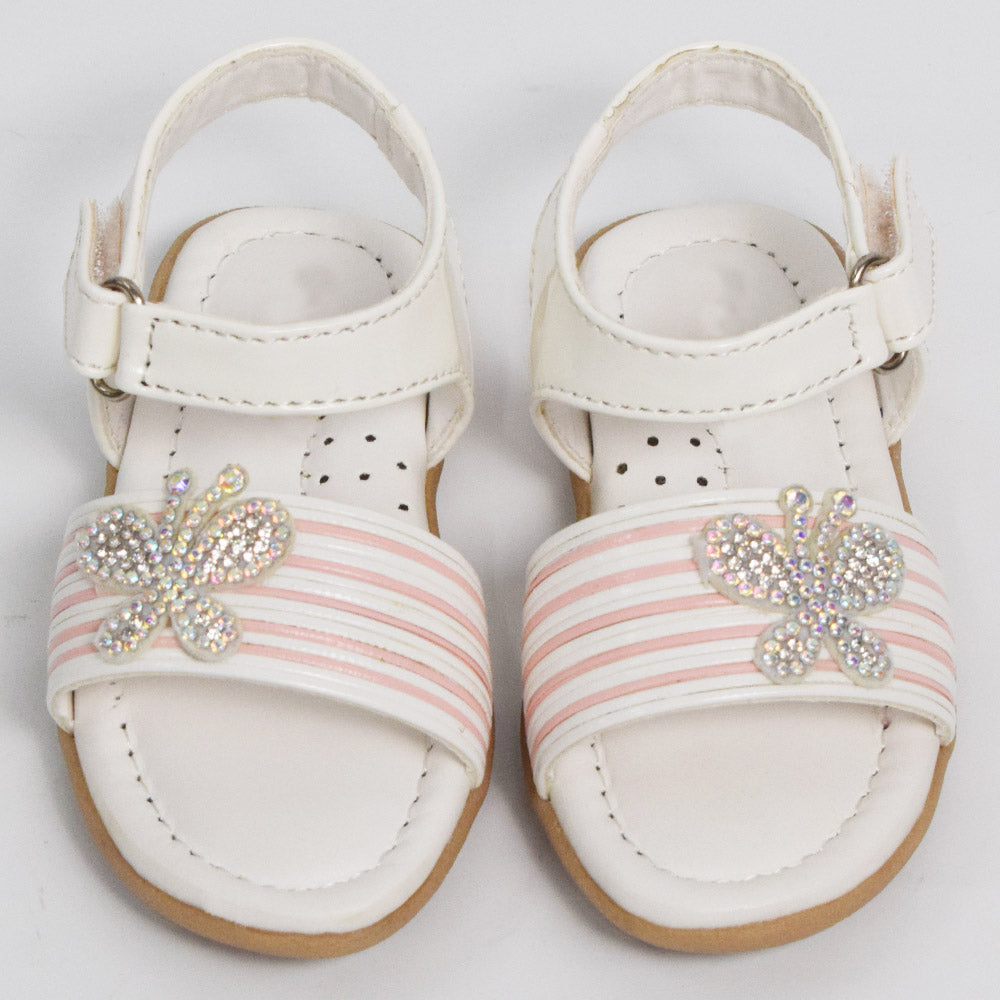 Pink & White Embellished Butterfly With Velcro Closure Flat Sandals