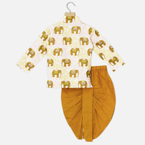 Mustard Elephant Theme Cotton Kurta With Dhoti
