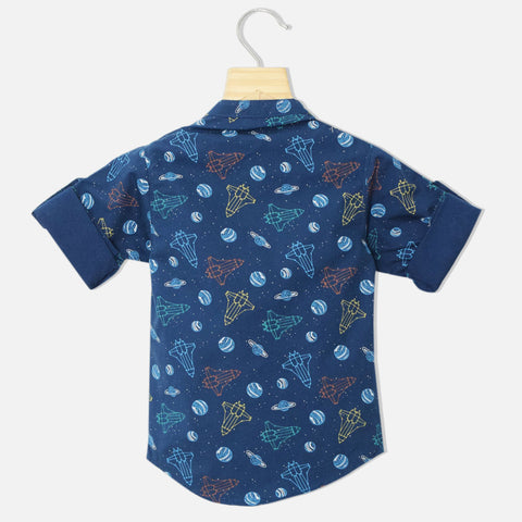 Blue Space Theme Mandarin Collar Shirt