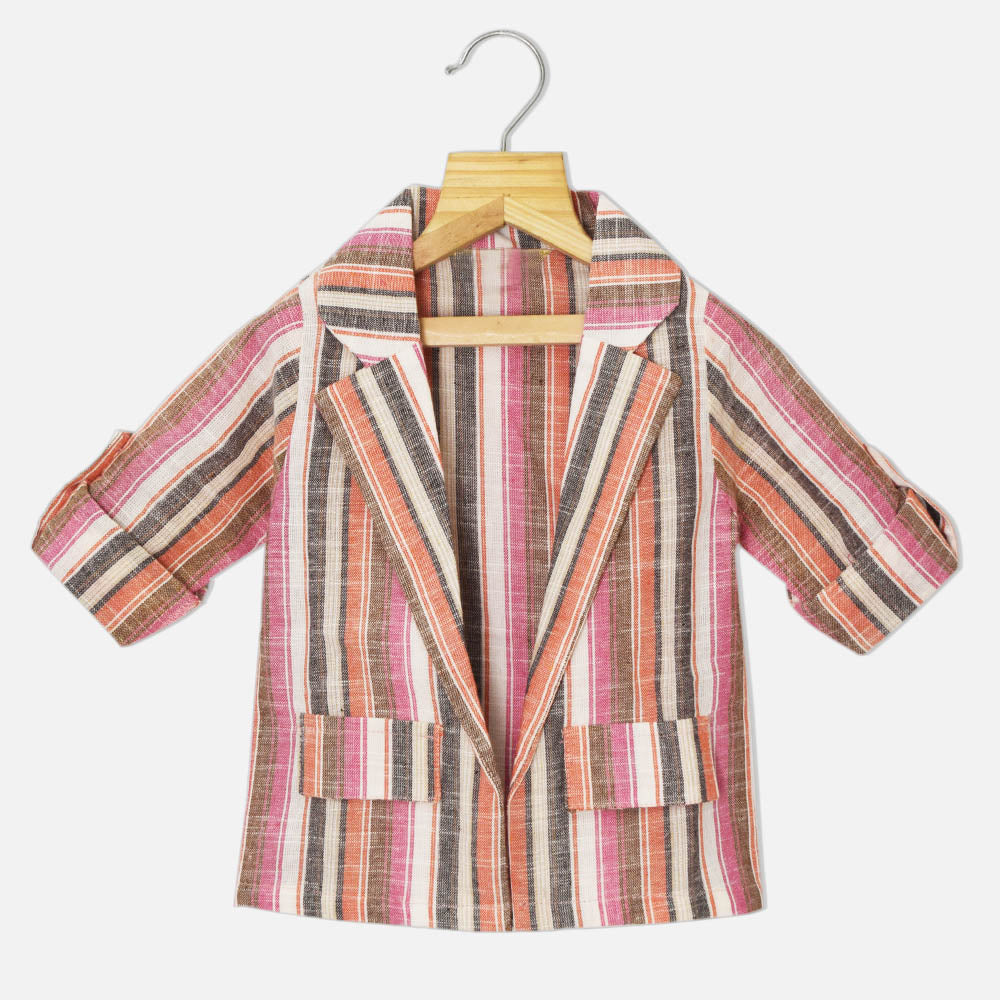 Tropical Printed Cotton Shurg With Innner & Short Co-Ord- Beige & Pink