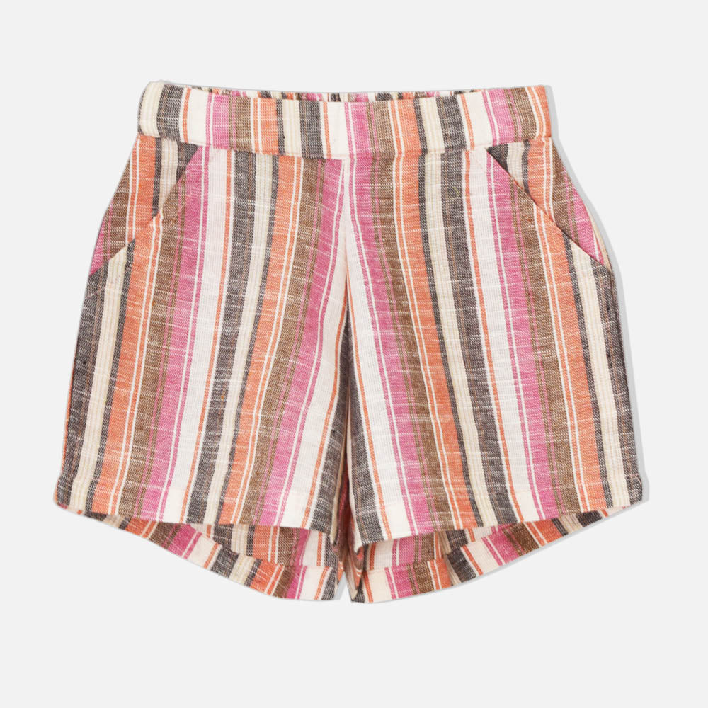 Tropical Printed Cotton Shurg With Innner & Short Co-Ord- Beige & Pink