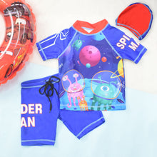 Load image into Gallery viewer, Blue Space Theme T-Shirt With Short &amp; Cap Swimwear Set
