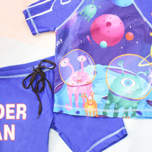 Load image into Gallery viewer, Blue Space Theme T-Shirt With Short &amp; Cap Swimwear Set
