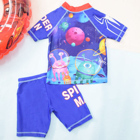 Blue Space Theme T-Shirt With Short & Cap Swimwear Set