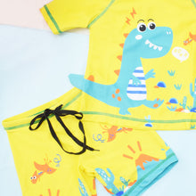 Load image into Gallery viewer, Yellow 3D Dino Theme T-Shirt With Short &amp; Cap Swimwear
