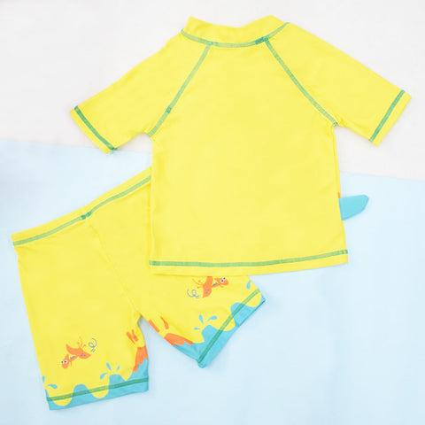Yellow 3D Dino Theme T-Shirt With Short & Cap Swimwear