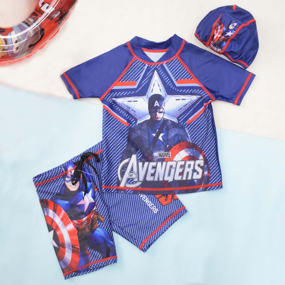 Blue Avengers Theme T-Shirt With Shorts & Cap Swimwear