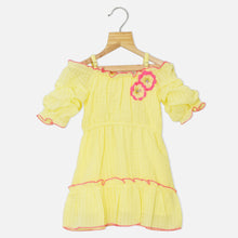 Load image into Gallery viewer, Off Shoulder Frill Hem Chiffon Dress- Green &amp; Yellow
