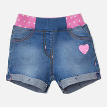 Load image into Gallery viewer, Pink Polka Dots Rib Waist Denim Shorts
