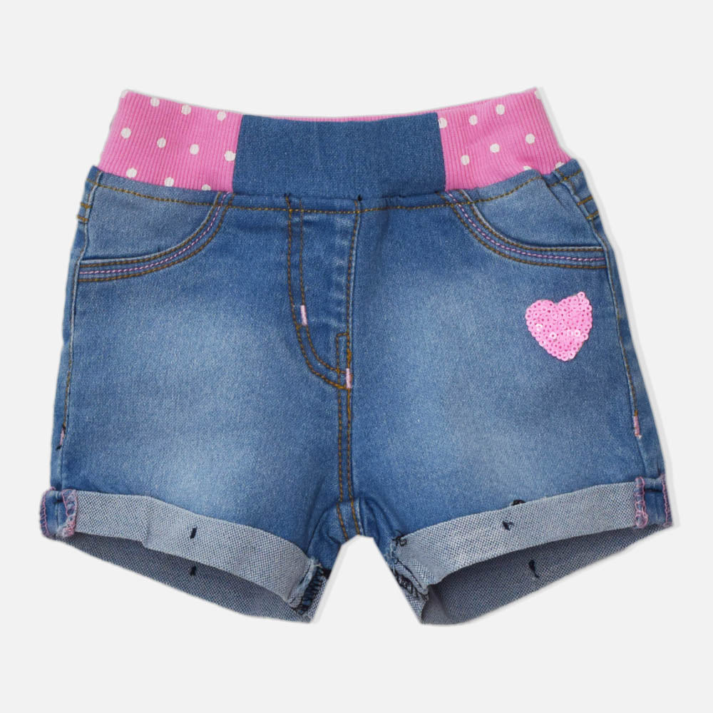 Pink Polka Dots Rib Waist Denim Shorts