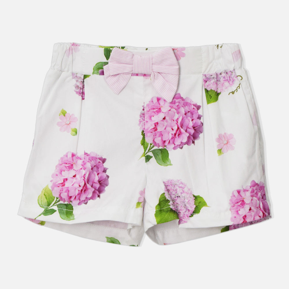 White Floral Pleated Cotton Shorts