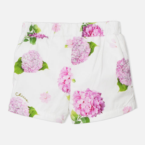 White Floral Pleated Cotton Shorts