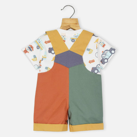 Colorblock Embroidered Dungaree With White Half Sleeves T-Shirt