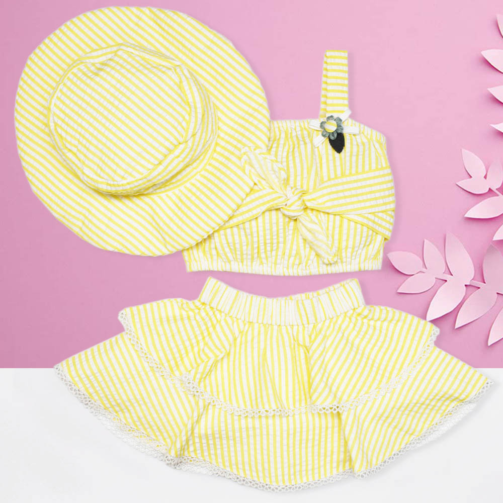 Yellow Striped Skirt And Top With Hat