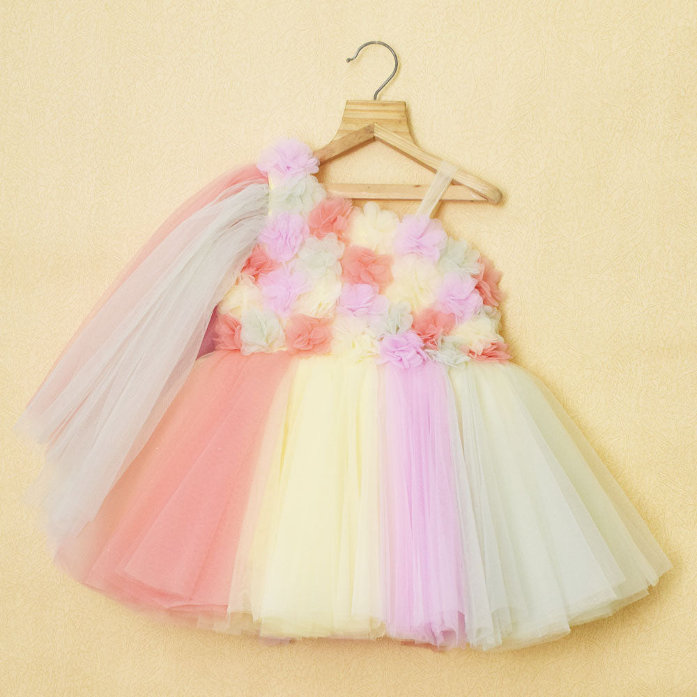 Pastel Flower Embellished Party Frock With Cape Sleeves