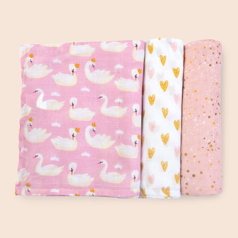 Pink Heart Of Gold Bamboo Muslin Swaddles - Pack of 3