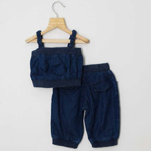 Load image into Gallery viewer, Denim Bow Crop Top With Joggers Co-Ord Set-Light &amp; Dark Blue
