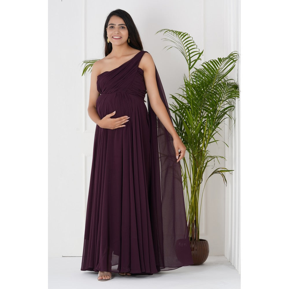 Maroon One Shoulder Drape Maternity Gown