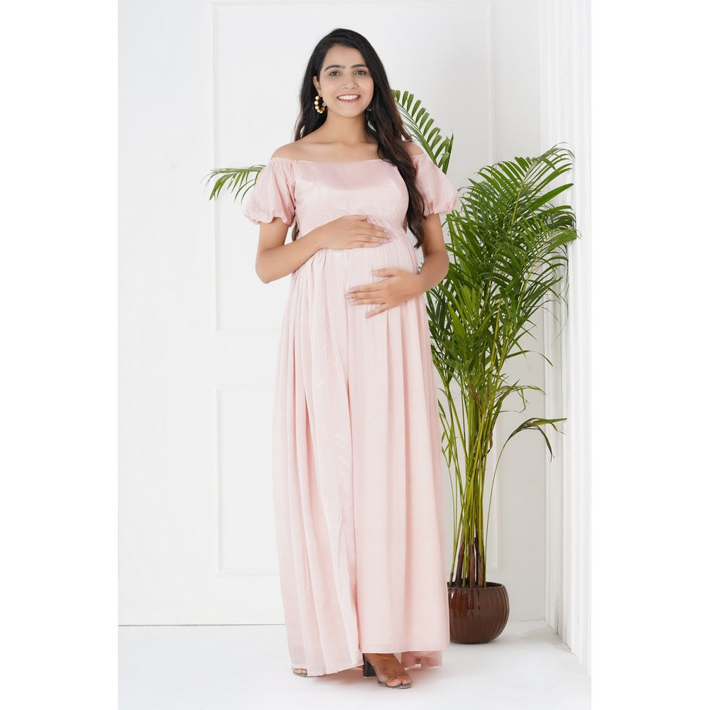 Pink Puff Sleeves With Off Shoulder Maternity Gown