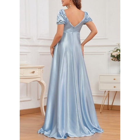 Blue Puff Sleeves Elegant Satin Maternity Gown