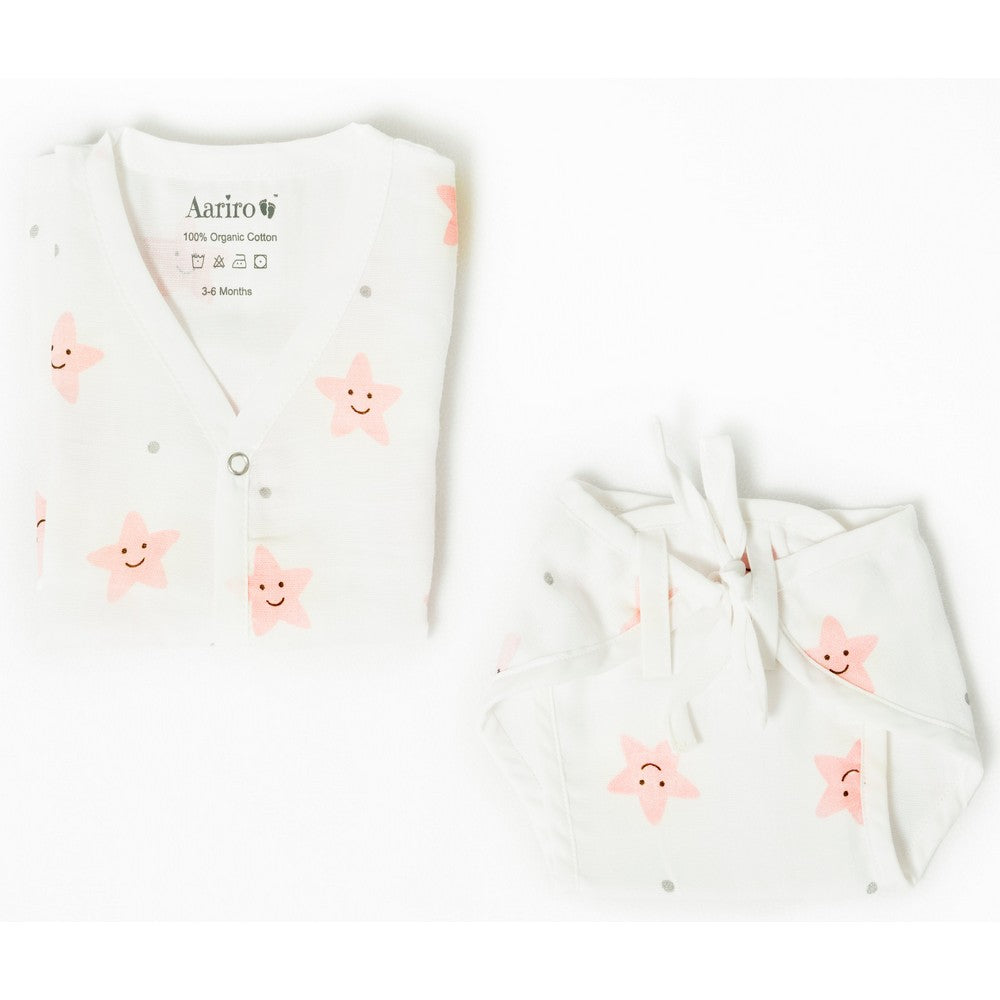 Peach Smiley Star Printed Sleeveless Jabla & Nappy - Pack Of 4
