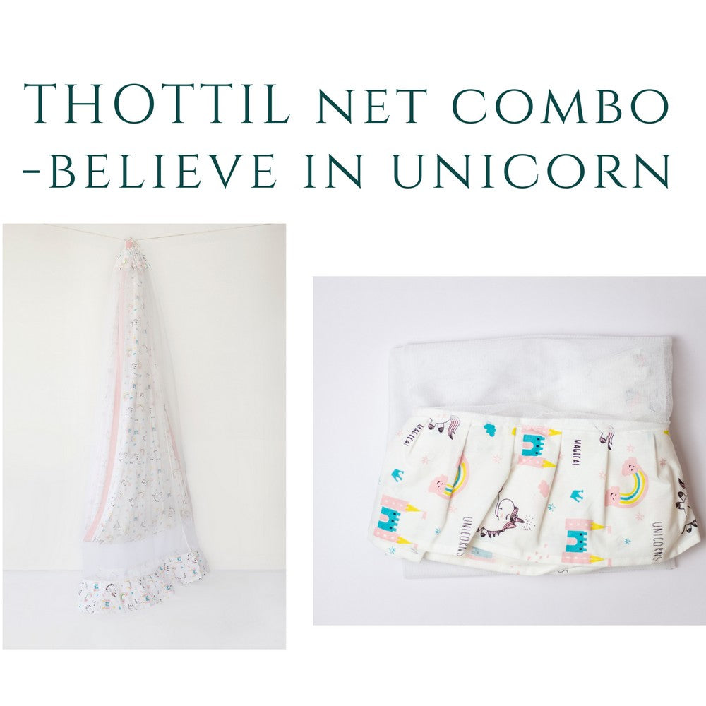 White Believe In Unicorn Printed Thottil Net Combo Set