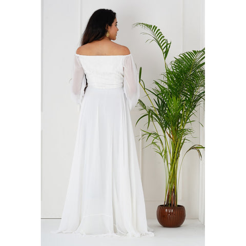 White Off Shoulder With Full Sleeves Yoke Lace Maternity Gown