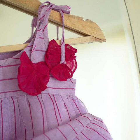 Lilac Striped Sleeveless Infant Tiered Dress In Handwoven Cotton Silk