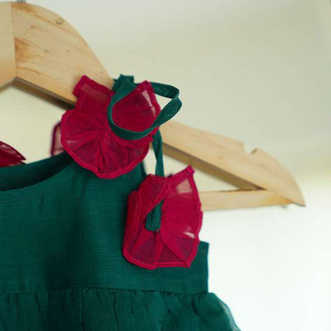 Green Sleeveless Infant Tiered Dress In Handwoven Cotton Silk