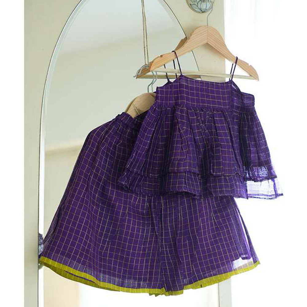 Purple Flared Frill Top With Skirt Co-Ord Set In Handwoven Checks