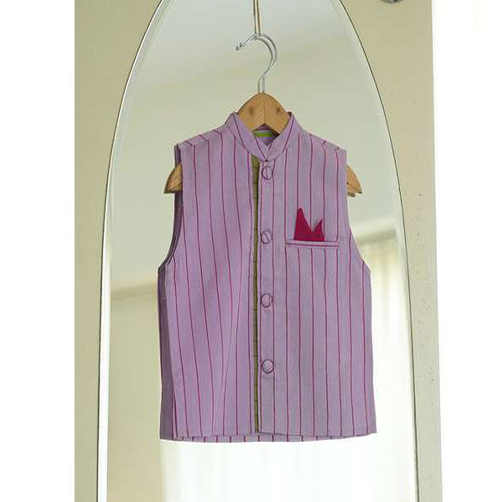 Lilac Striped Cotton Silk Handwoven Nehru Jacket