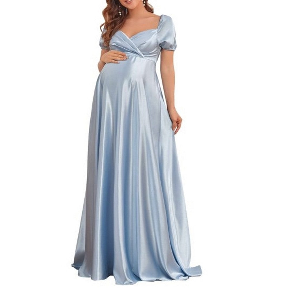 Blue Puff Sleeves Elegant Satin Maternity Gown