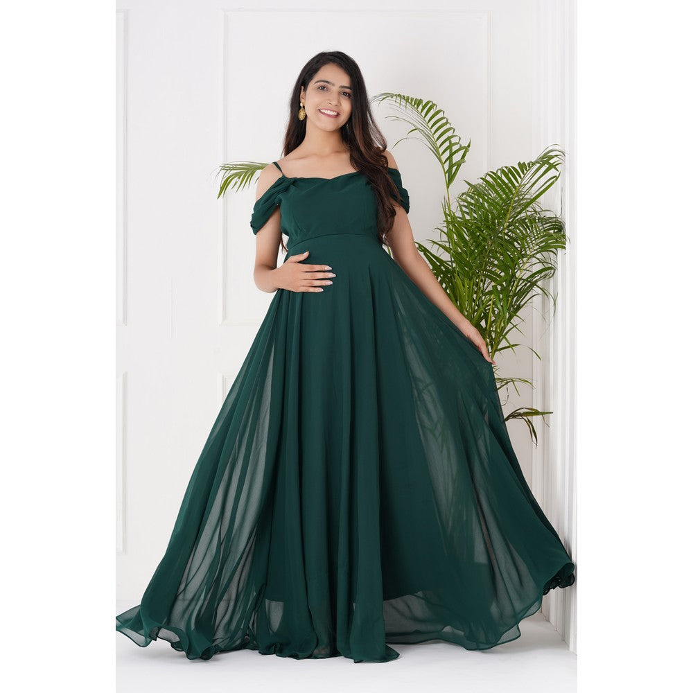 Green Draped Cold Shoulder Maternity Gown