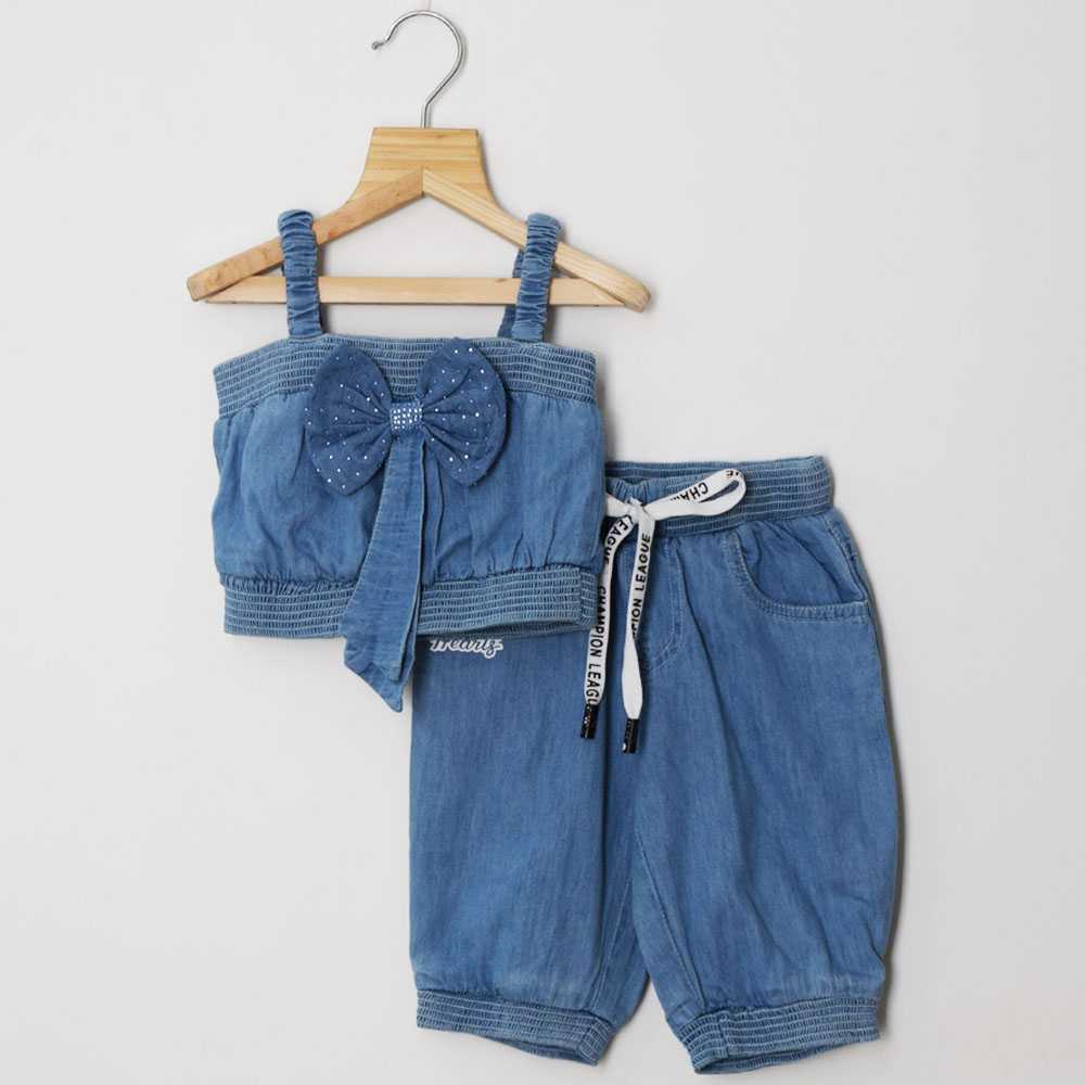 Denim Bow Crop Top With Joggers Co-Ord Set