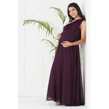 Load image into Gallery viewer, Maroon One Shoulder Pleated Maternity Gown
