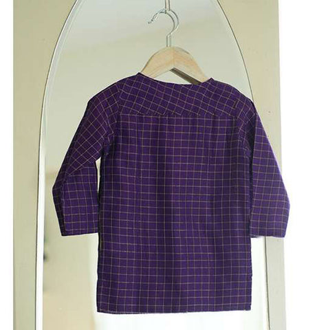 Purple Checked Unisex Kurta In Handwoven Cotton Silk