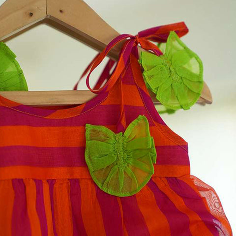 Orange Striped Sleeveless Infant Tiered Dress In Handwoven Cotton Silk